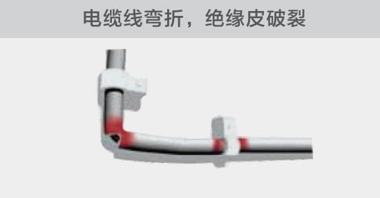 在安裝過程中，由于電線的彎曲半徑過小，或是線夾過緊，導(dǎo)致線纜絕緣皮破裂，產(chǎn)生電弧隱患